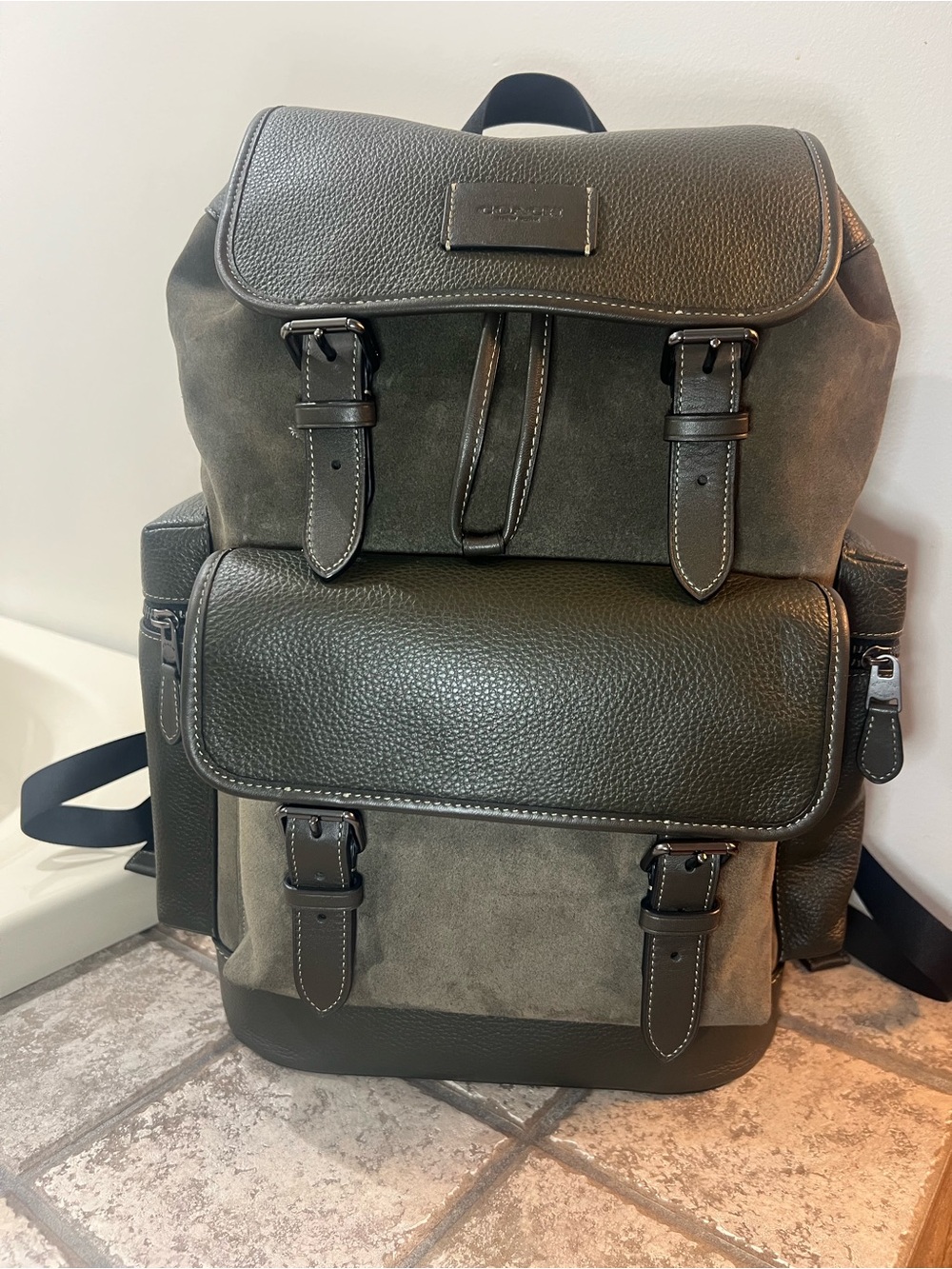 Coach Olive Green Leather & Suede Backpack with Buckle Accents